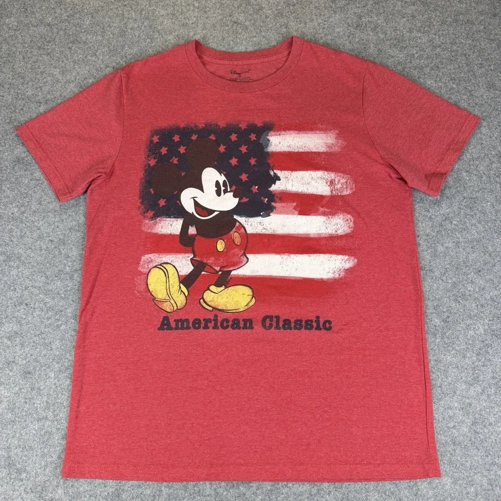 Disney Store TShirt Medium Mickey Mouse Red Flag American Classic Black